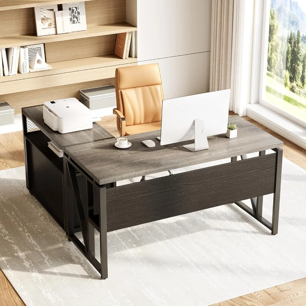 

55" Executive Computer Desk and Lateral File Cabinet, L-Shaped Office Desk for Home Office, Furniture Set