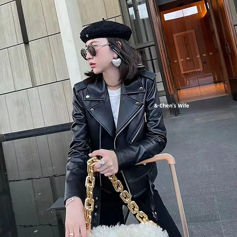 Chen sra. novo couro genuíno motociclista jaet ort eepskin feminino emagrecimento terno colarinho outerwear zíper longo sve primavera
