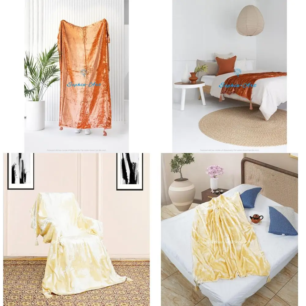 

Luxury Crushed Velvet Throw Blanket with Tassels - Soft Sofa Bed Boho Warm Throws Cozy Plush Lightweight Pet-Friendly