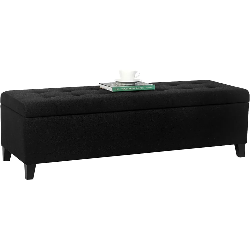 مقعد عثماني للتخزين مستطيلًا بطول 51، غرفة معيشة لمدخل غرفة النوم، منجد من الكتان الأسود، أثاث سرير #5