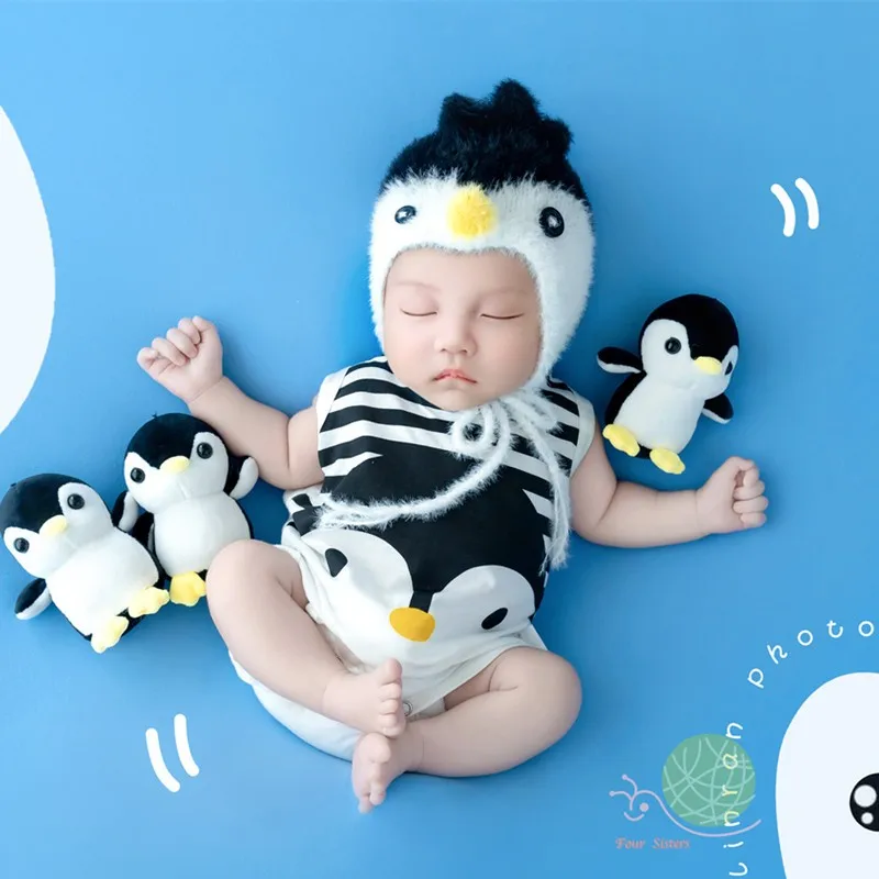 ❤️Newborn Photography Clothing Cute Hat+Onesie+Penguin Doll 5Pcs/Set Studio Baby Photo Props Accessories Shoot Clothes Outfits