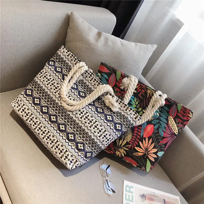 Women's Bags Mommy Bags Travel Handbags Ethnic Canvas Bag Shoulder Handbags Handbags Women's Hemp Rope Tote Bags Bohemian Bags