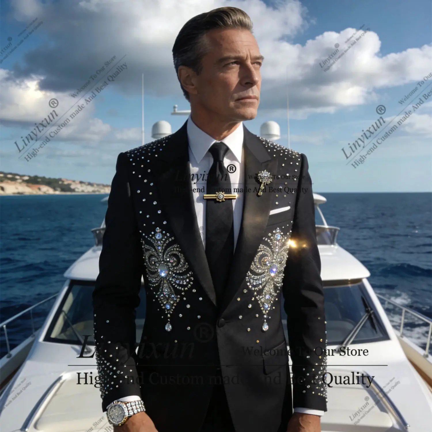

Luxury Gem Crystals Men Suits Peaked Lapel Groom Tuxedos Customized Wedding trajes para hombre 2 Pieces Sets Male Prom Blazer