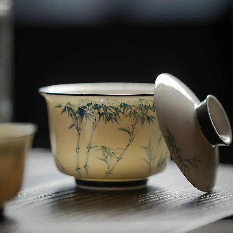 140ML Jade Porcelain Underglaze Blue and White Hand-painted Cover Bowl Household Ceramic Bamboo Tea Bowl Kung Fu TeaSet Tea Bowl