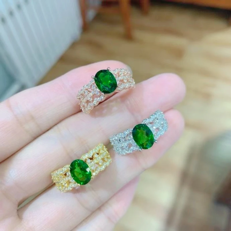 

Luxury Design 925 Silver Ring Natural Chrome Diopside Ring with Certificate 6mm*8mm 1ct Russian Diopside Jewelry for Daily Wear