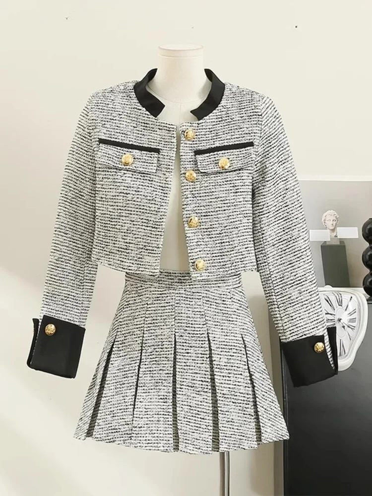 

French Fashion Suit Socialite Commuter Office Clothes High Quality Contrast Tweed Coat A-Line Pleated Skirt Two-Piece Sets Women