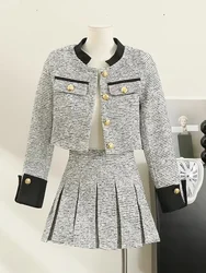 Vestito di moda francese Socialite pendolare abbigliamento da ufficio cappotto di Tweed a contrasto di alta qualità gonna a pieghe a trapezio set di due pezzi donna