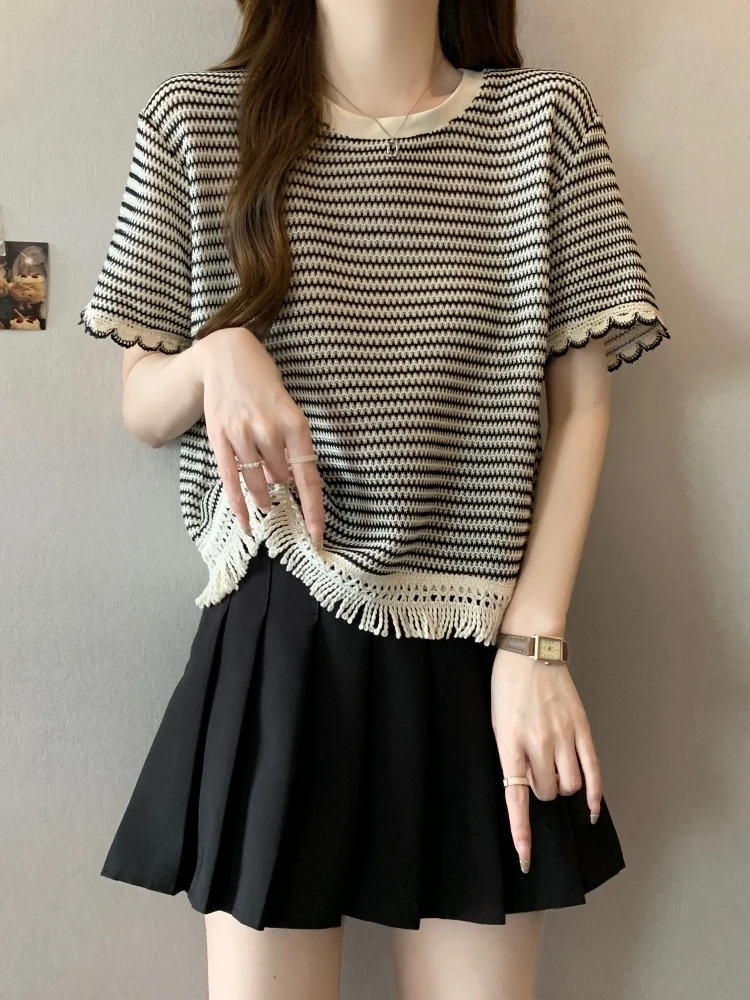 Slimming Stripe Ice Silk T-Shirt Women's Summer Large Size Flowing Tassel Short Sleeve Korean Style Straight Cut Creative Pat...