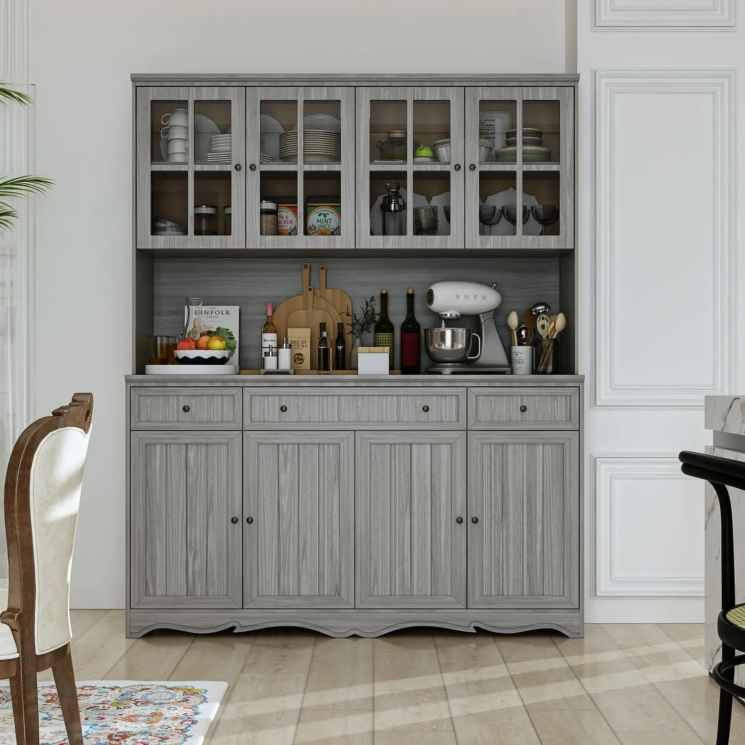 Hitow 75.9"" Kitchen Pantry Cabinet With Glass Doors & Hutch, Large Wood Storage Cabinet With 8 Shelves & 3 Drawers, Rustic