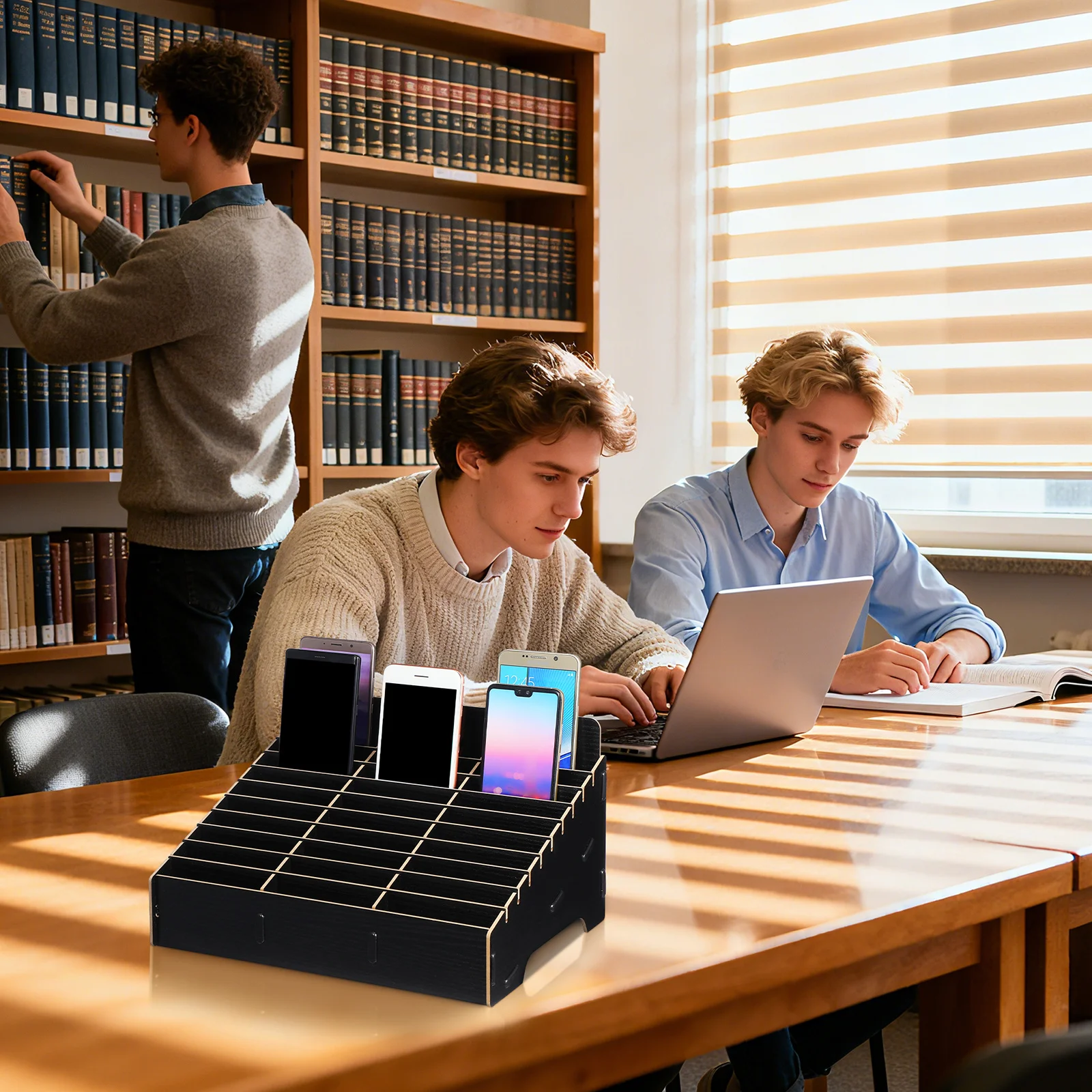 

Black Wooden Multi-Grid Mobile Phone Storage Box Sturdy Organizer Smooth Polishing Elegant Design for Classroom Meeting Room