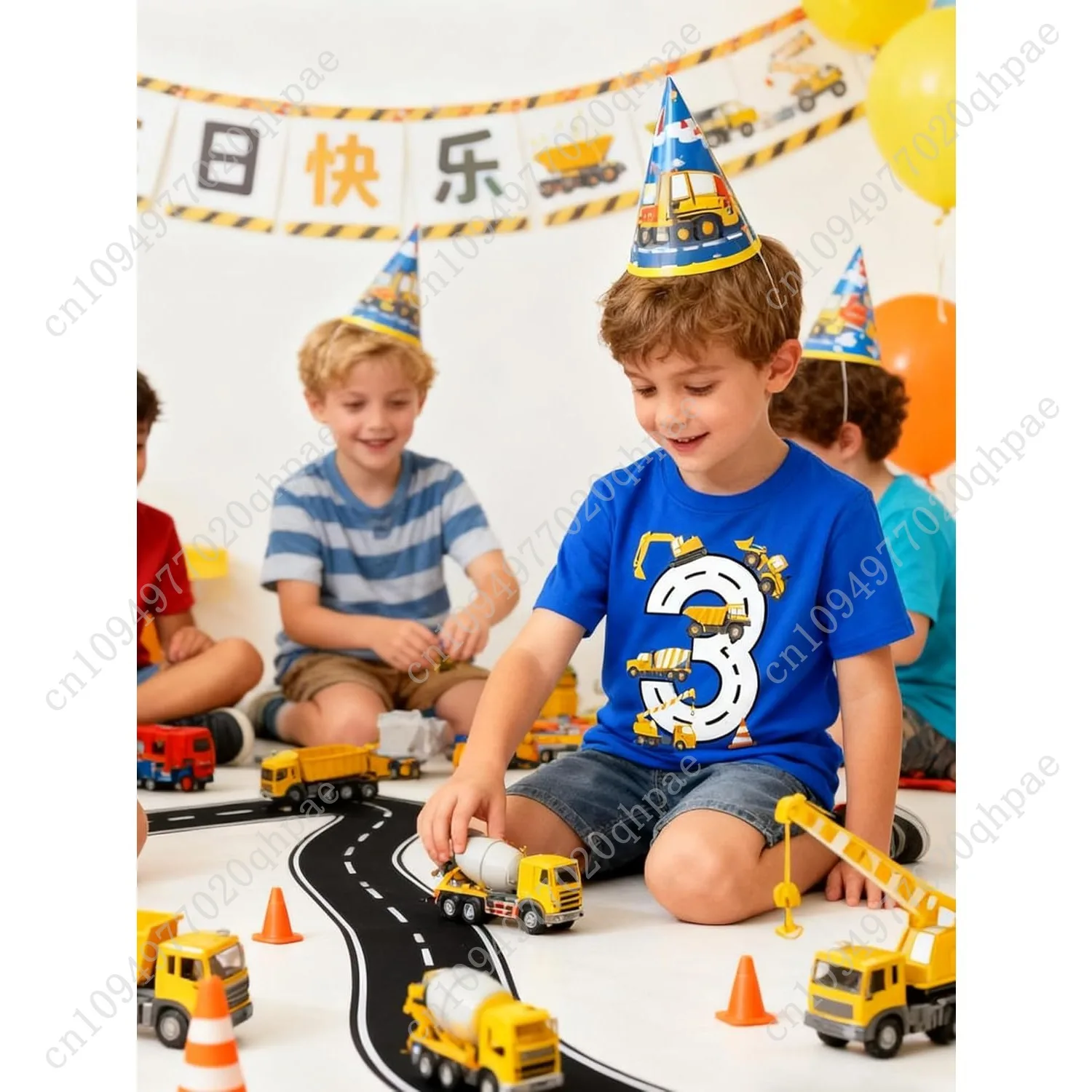 소년 2-4세 생일 셔츠 면 건설 테마 파티 반팔 티셔츠 굴착기 탑 티셔츠