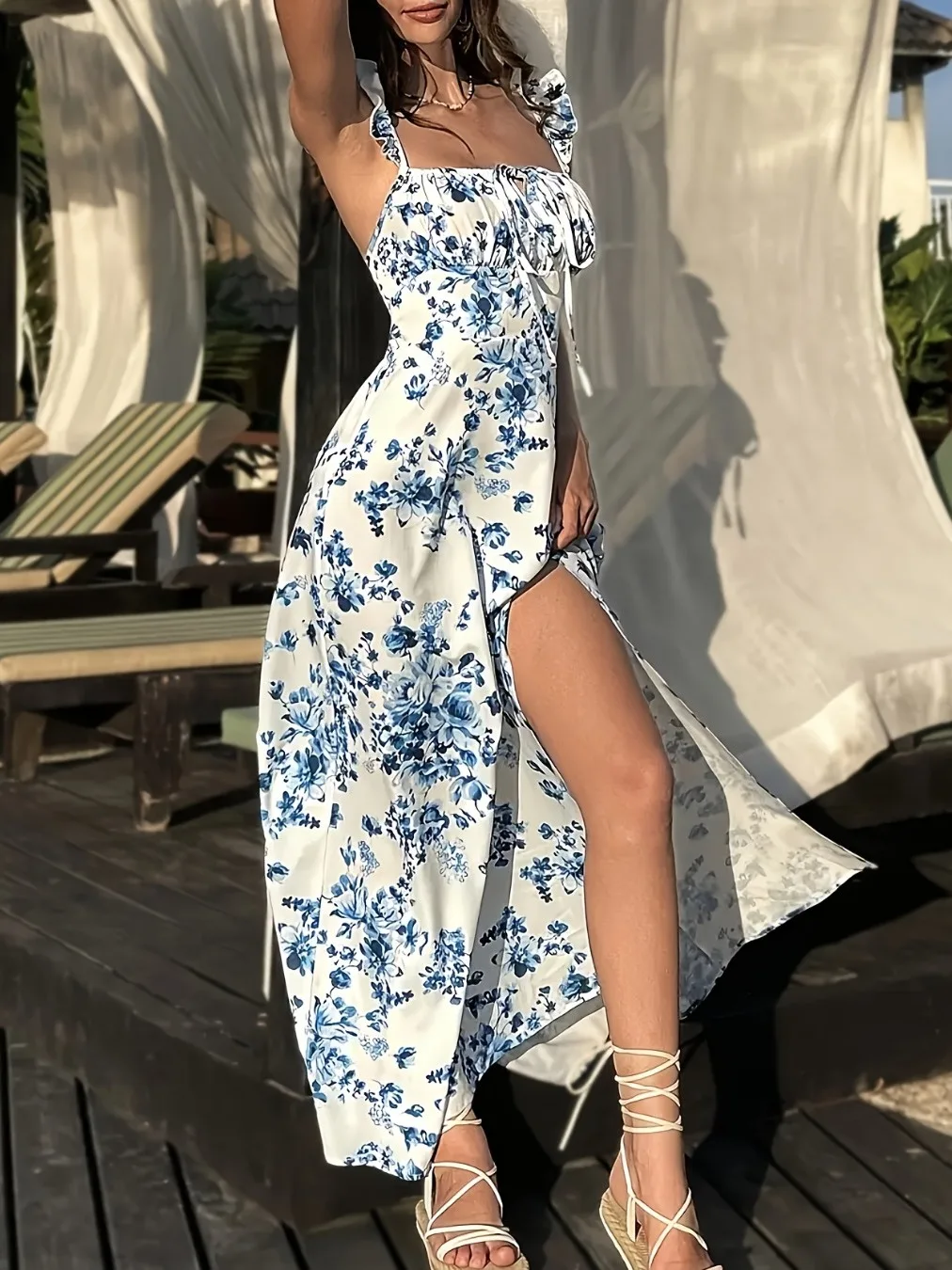 

Summer Sexy Bal Strap Long Dr Split One-oulder Print Comfortable Soft Polyester Fiber No-Sve Adjustable Waist