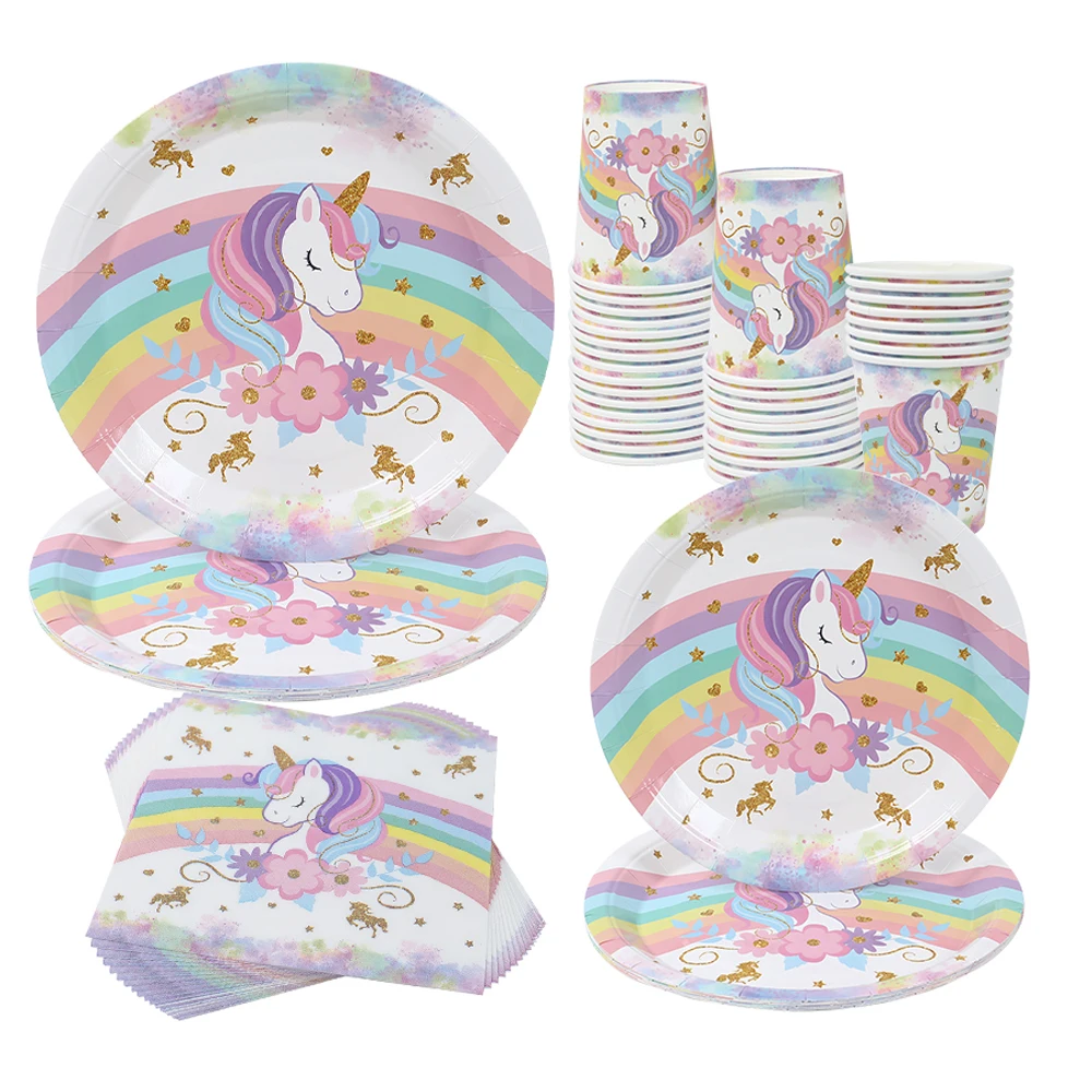 Vajilla Desechable de Unicornio Arcoíris, Decoraciones para Fiesta de Primer Cumpleaños, Tema de Unicornio para Niños, Boda, Baby Shower, Artículos para Niñas