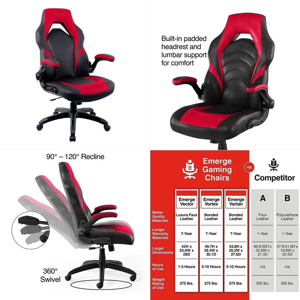 Emerge Vortex Gaming Chair, Ergonomic, Adjustable Height, Swivel, Black, 2Pack