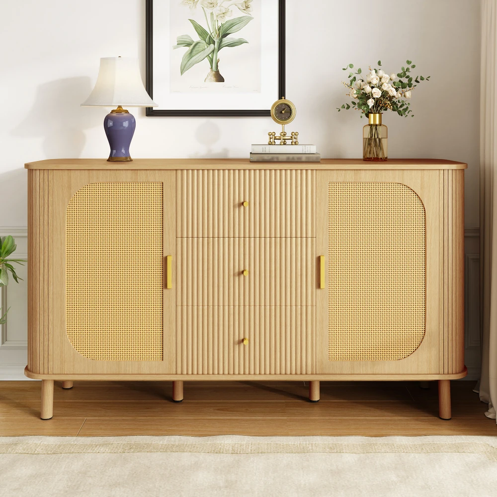 Modernes Sideboard mit vielseitigen Holzoptik-Schubladen, Regalen, Metallbeinen für die Aufbewahrung im Wohnzimmer – Detail 8