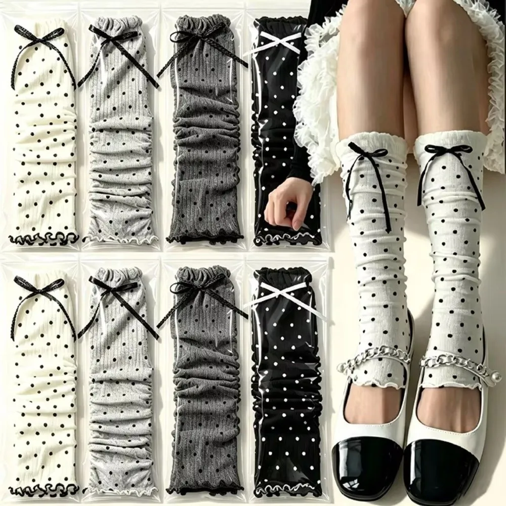 Knit Polka Dot Leg Warmers Slimming Design Y2K Style Slouchy Leg Covers Ruffled Trim Stretchable Fabric Kawaii Calf Socks