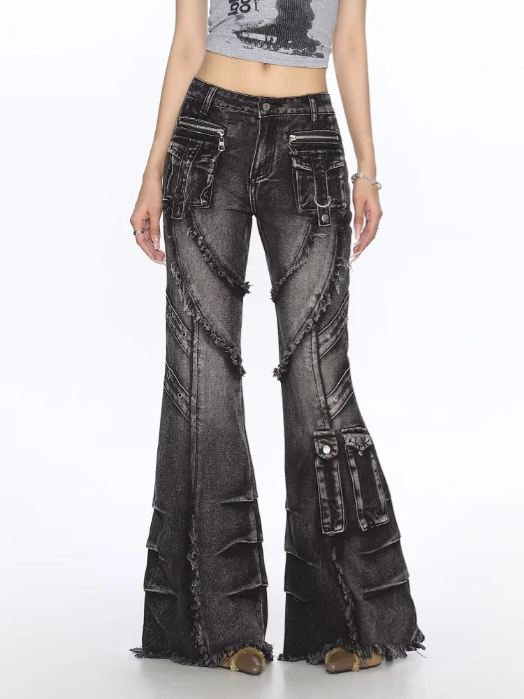 

Y2K 2000S потертые черные готические тонкие расклешенные джинсы-карго женские 90-х годов винтажные джинсовые брюки в стиле панк-гот уличная одежда широкие брюки