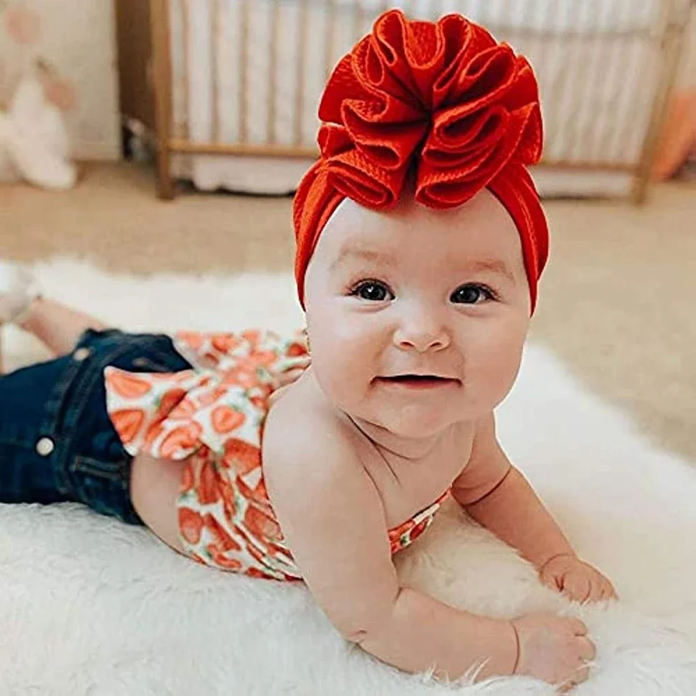 Cute Solid Big Flower Bow Beanie Turban Hats Caps Headwraps for Baby Girls Infants Toddlers Kids Children Hair Accessories Gifts