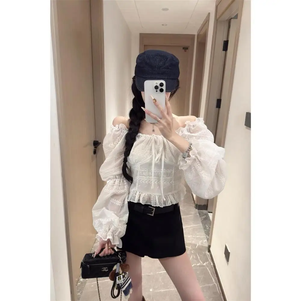Autumnal Apricot Lace One-Shoulder Shirt Pure Desirable Elegant Waist-Cinching Bubble Sleeve Top Korean Style Commute Fashion
