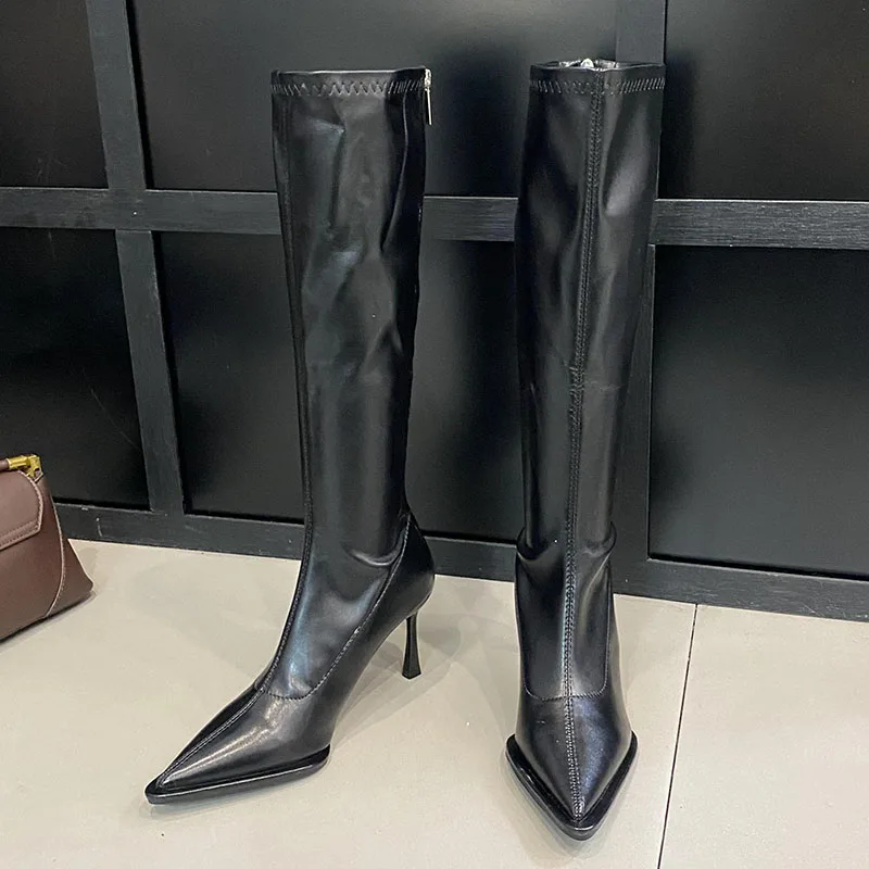 Calzature da donna in argento stivali alti al ginocchio da donna moderni scarpe con cerniera stivali elasticizzati da donna elastici di moda con