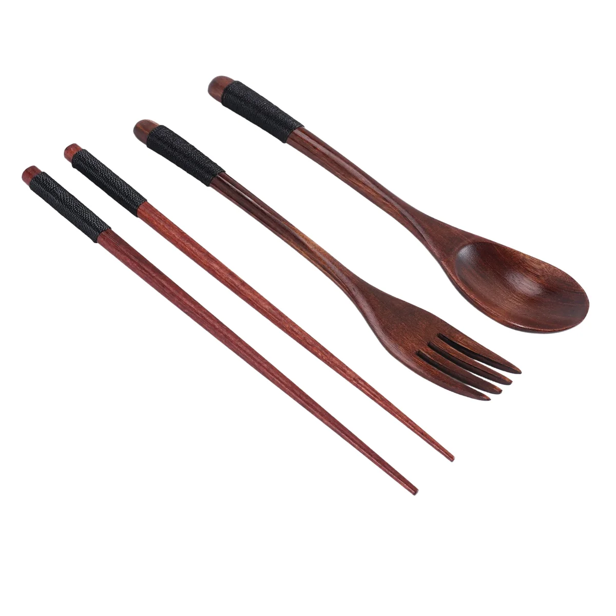 Wooden Flatware Set, Wooden Portable Set Chopsticks Spoon Fork Tableware Dinnerware with Black Twining Thread