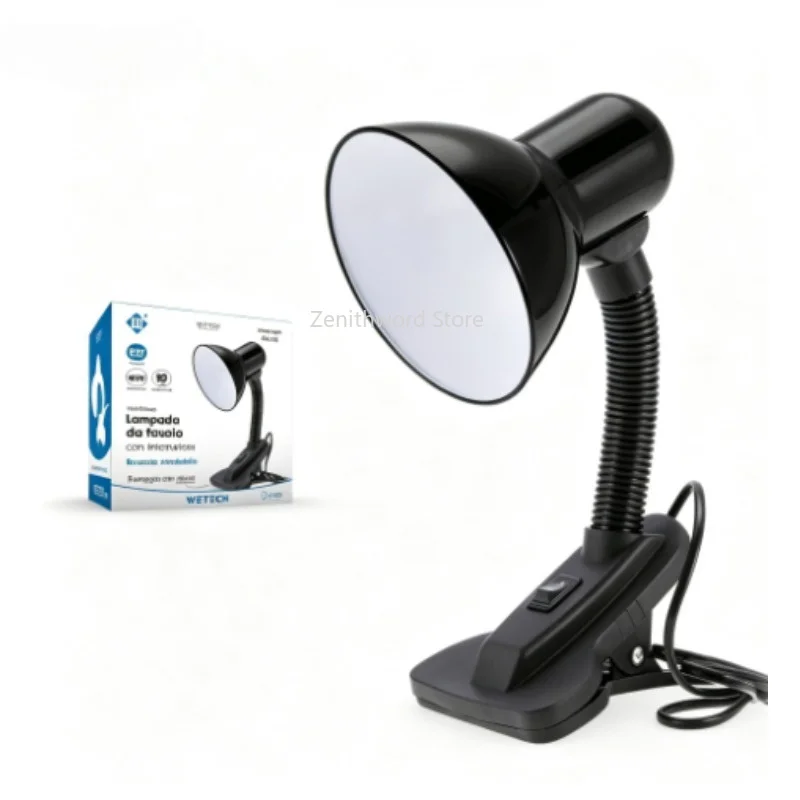Lampada da scrivania con clip, braccio flessibile, attacco E27, potenza massima 40W, alimentazione AC100-240V, cavo da 80 cm con interruttore on/off, lampada da tavolo con morsetto, lampadina non
