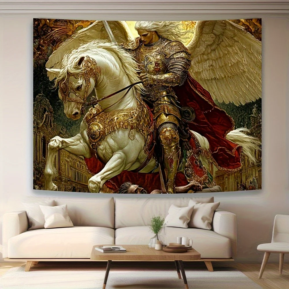 Saint Michael Archangel Tapestry,Medieval Gothic Battle Scene with Gold Armor,Religious Wall Art  Home Office and Sacred Space