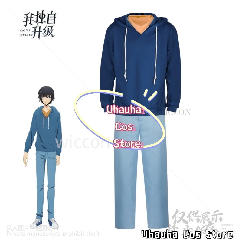 Anime Solo Leveling Cosplay Sung Jin Woo 나 혼자만 레벨업 Costume Blue Uniform Hoodie Suit Wigs For Halloween Christmas Cos Customized