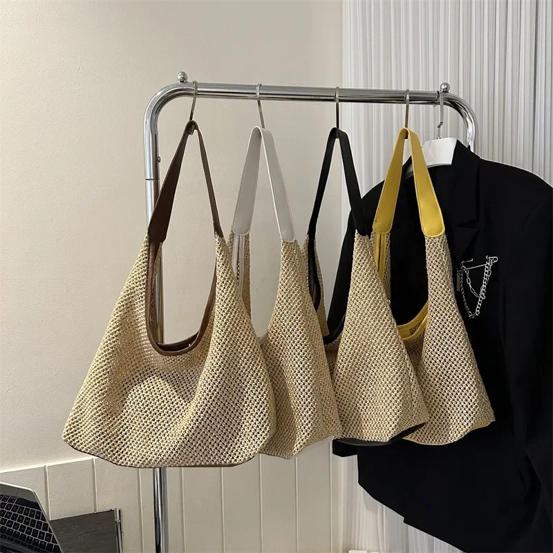 

Womens Boho Straw Bag Woven Beach Crossbody Bag Large Capacity Summer Shoulder Bag Solid Color Trendy Seaside Travel Purse