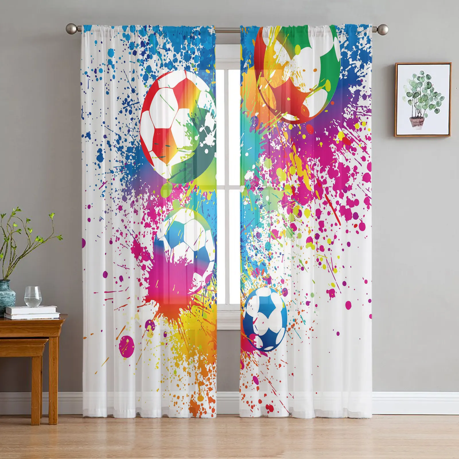 Colorful Football Paint Art Soccer Sheer Curtains for Living Room Bedroom Home Decor Kitchen Tulle for Windows Voile Drapes