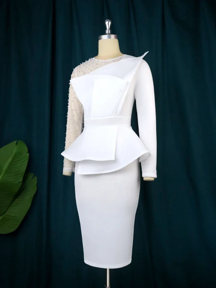 Aomei Vrouwen White Party Jurk Sexy Lange Mouwen O Hals Kralen Mesh Patchwork Peplum Elegante Event Avond Verjaardag Afrikaanse Jurken