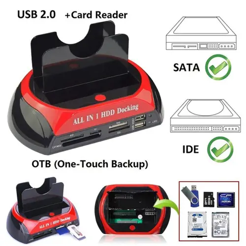 Imagen 2 del producto 2,5 ""3,5"" SATA con lector de tarjetas USB 2,0 a IDE SATA disco duro OTB clon Dock todo en una estación de acoplamiento de disco duro doble bahía