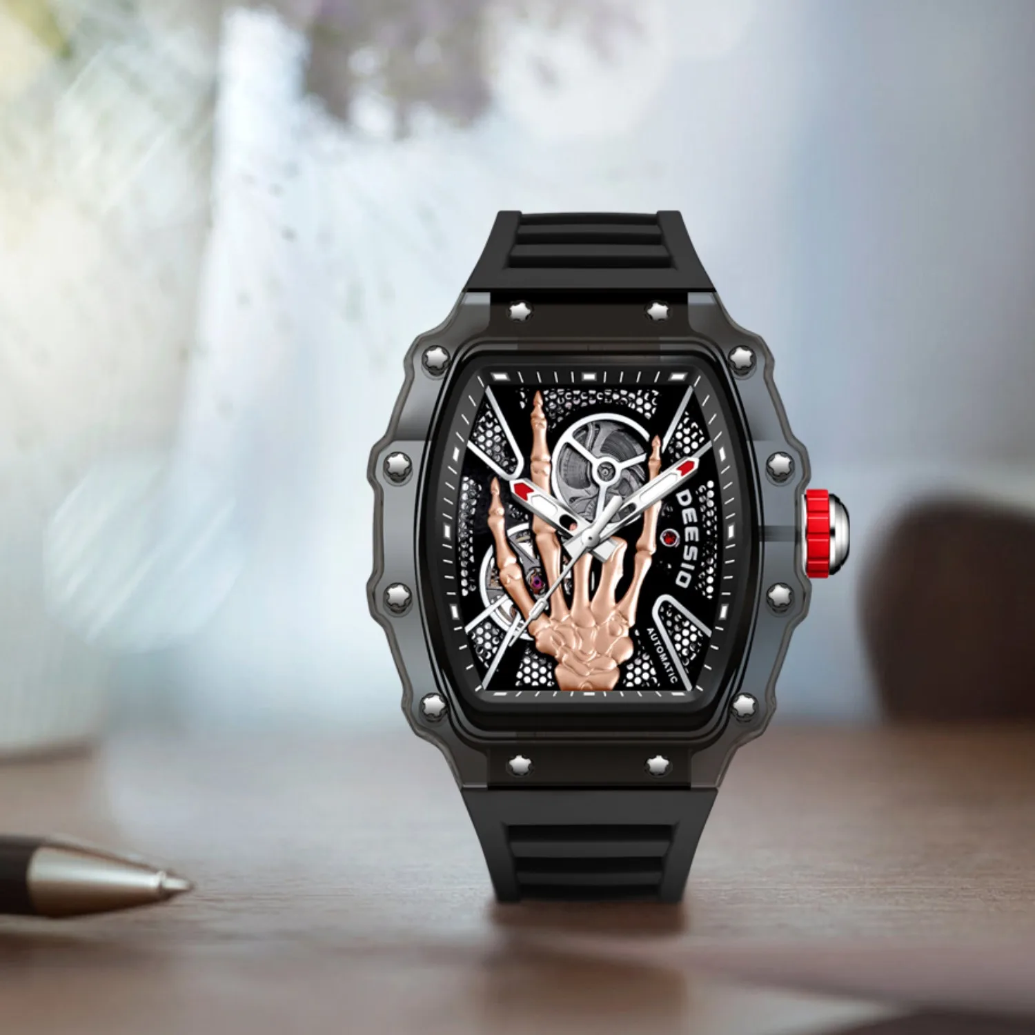 Deesio Men's Automatic Mechanical Watch with Transparent Case and Skeleton Design, Luminous Dial – Fashionable Men's Watch Gift