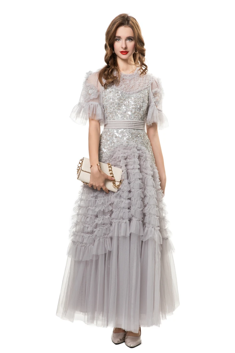 ชุดสตรี O คอสั้นแขน Appliques Tiered Ruffles Layered Elegant แฟชั่น Party ชุดราตรี Vestidos