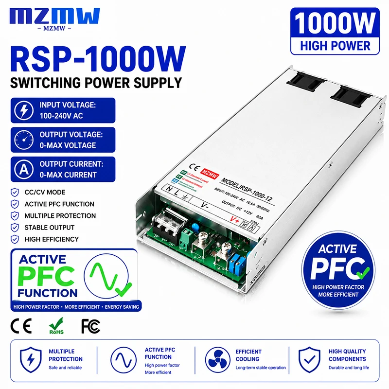 MZMW 1000W Adjust Active Correction PFC Switching Power Supply AC DC CC CV 0-24V 36V 48V 60V 72V 80V 110V 220V Industrial SMPS