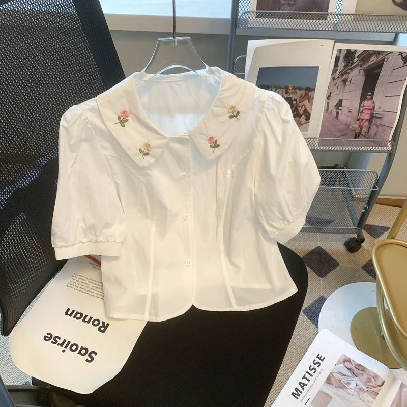 

Sweet Embroidered White Shirts Women Summer Thin Peter Pan Collar Casual Blouses Fashion All-match Tops Mujer Shirts & Blouses