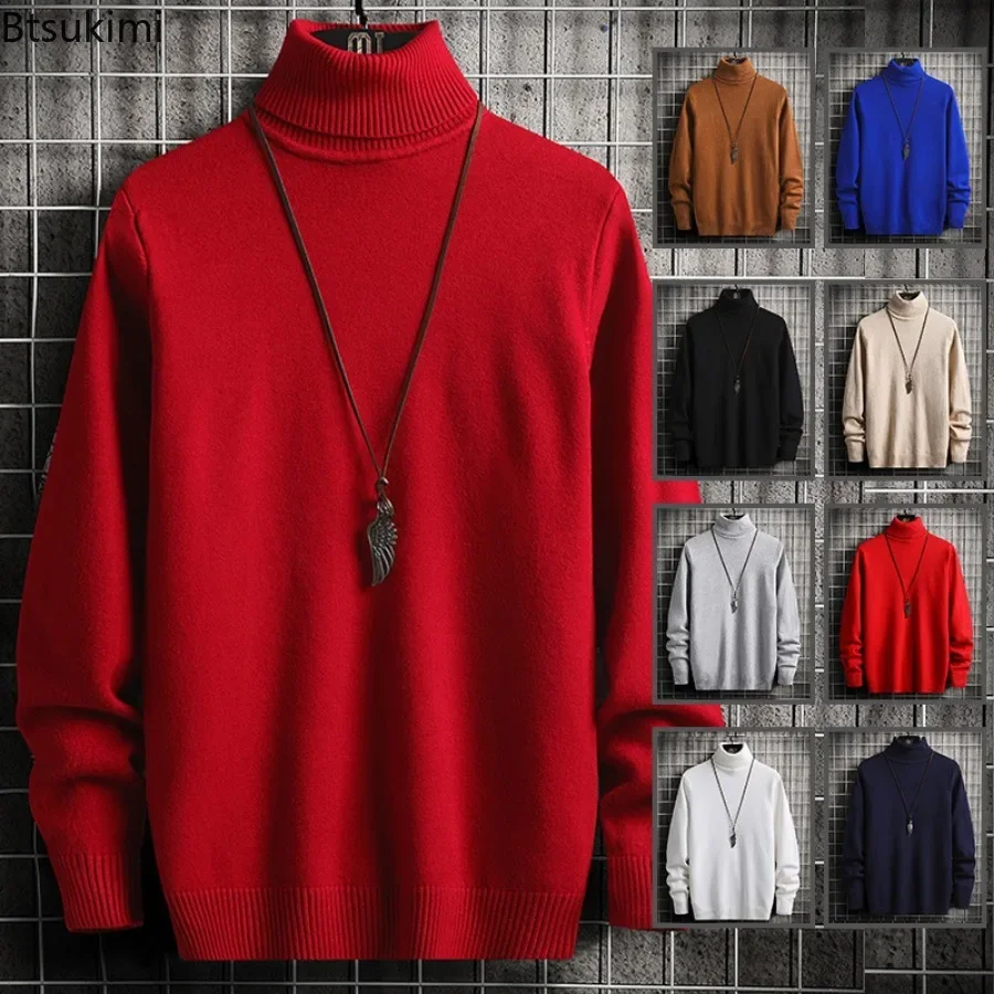 2024 Turtleneck Sweaters Men\'s Solid Pullovers Knitted Sweater High Collar Knitwear Pullovers Autumn Winter Warm Sweater for Men