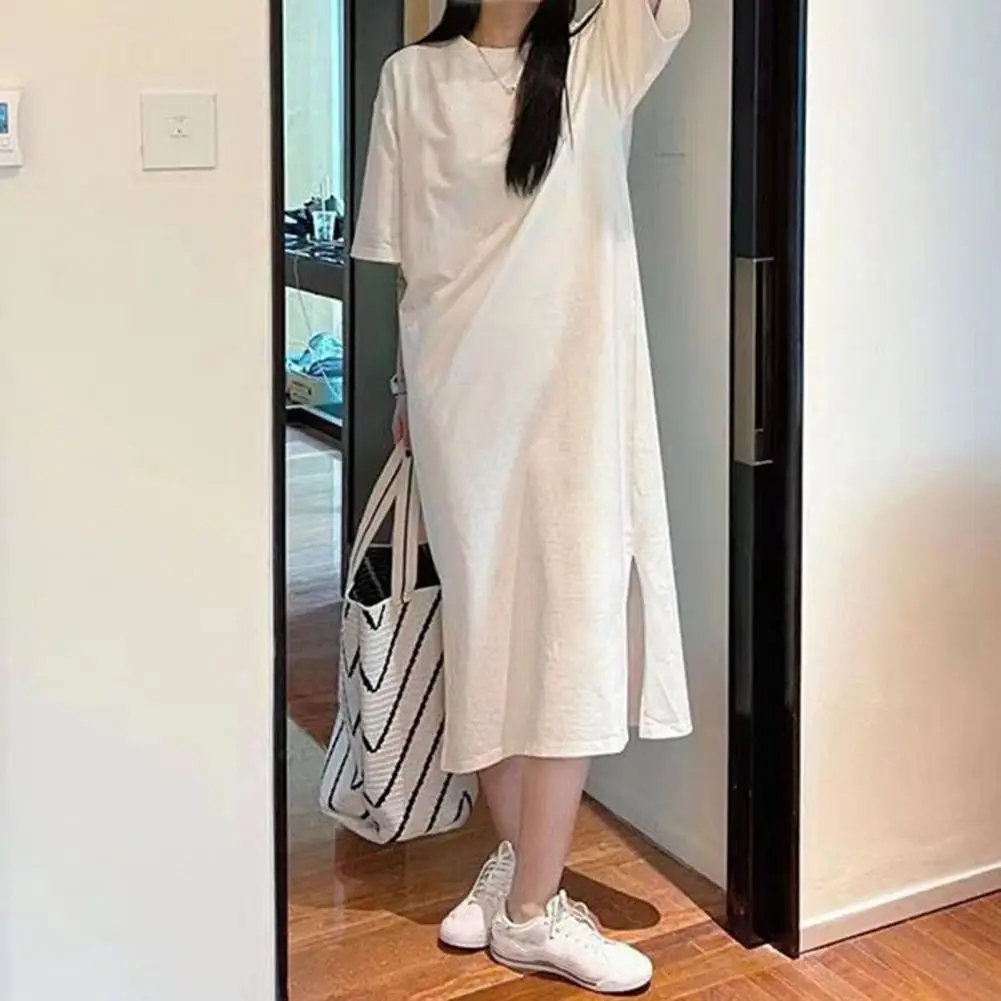 Solid Color Round Neck Short Sleeved T-shirt dress Summer Loose Medium To Long Length T-shirt Dress Korean Fashion Dress 2025