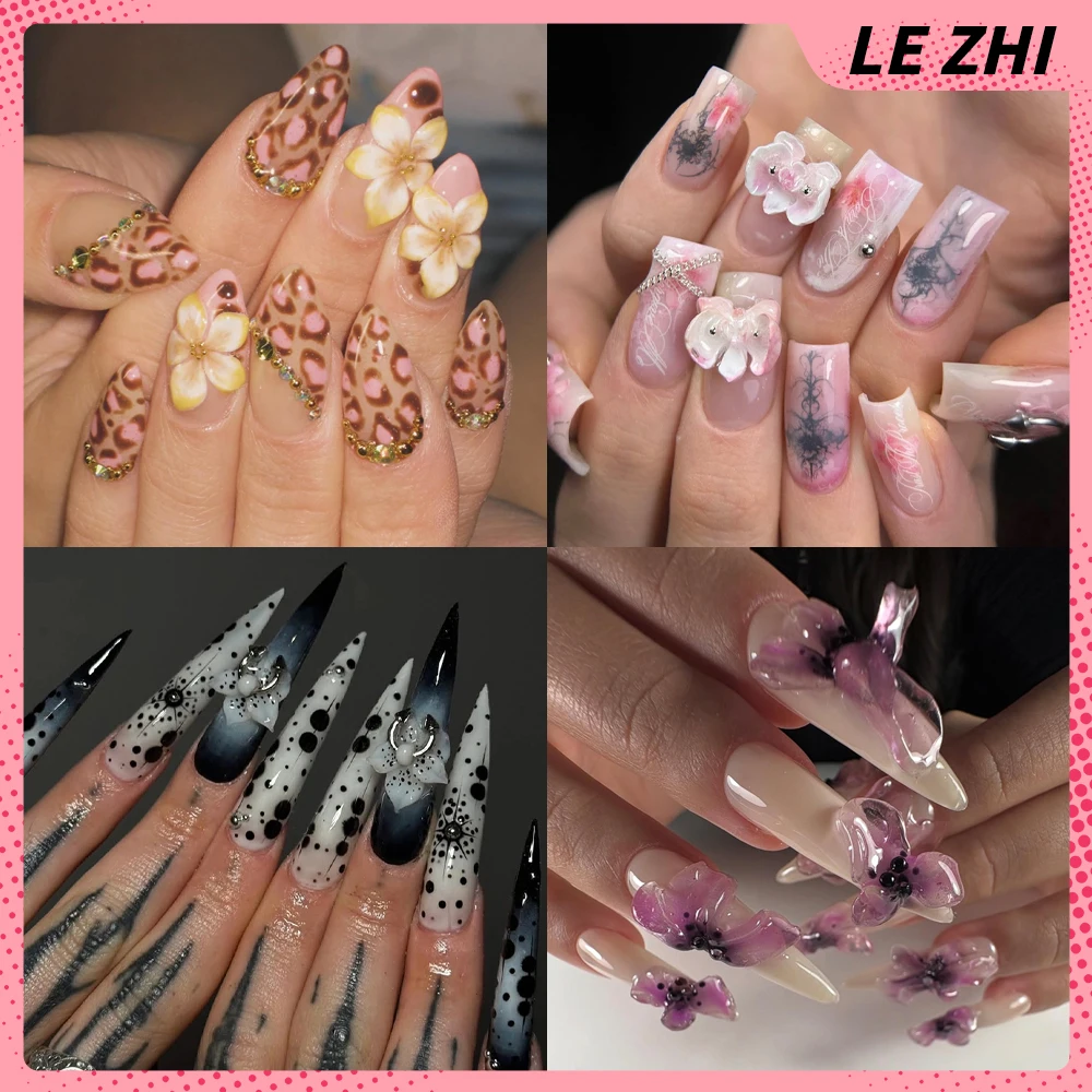 

10Pcs Handmade 3D Flowers Press On Nails Art Black White Dots Metallic Diamond Leopard Print Water Droplet Punk Design Nail Art