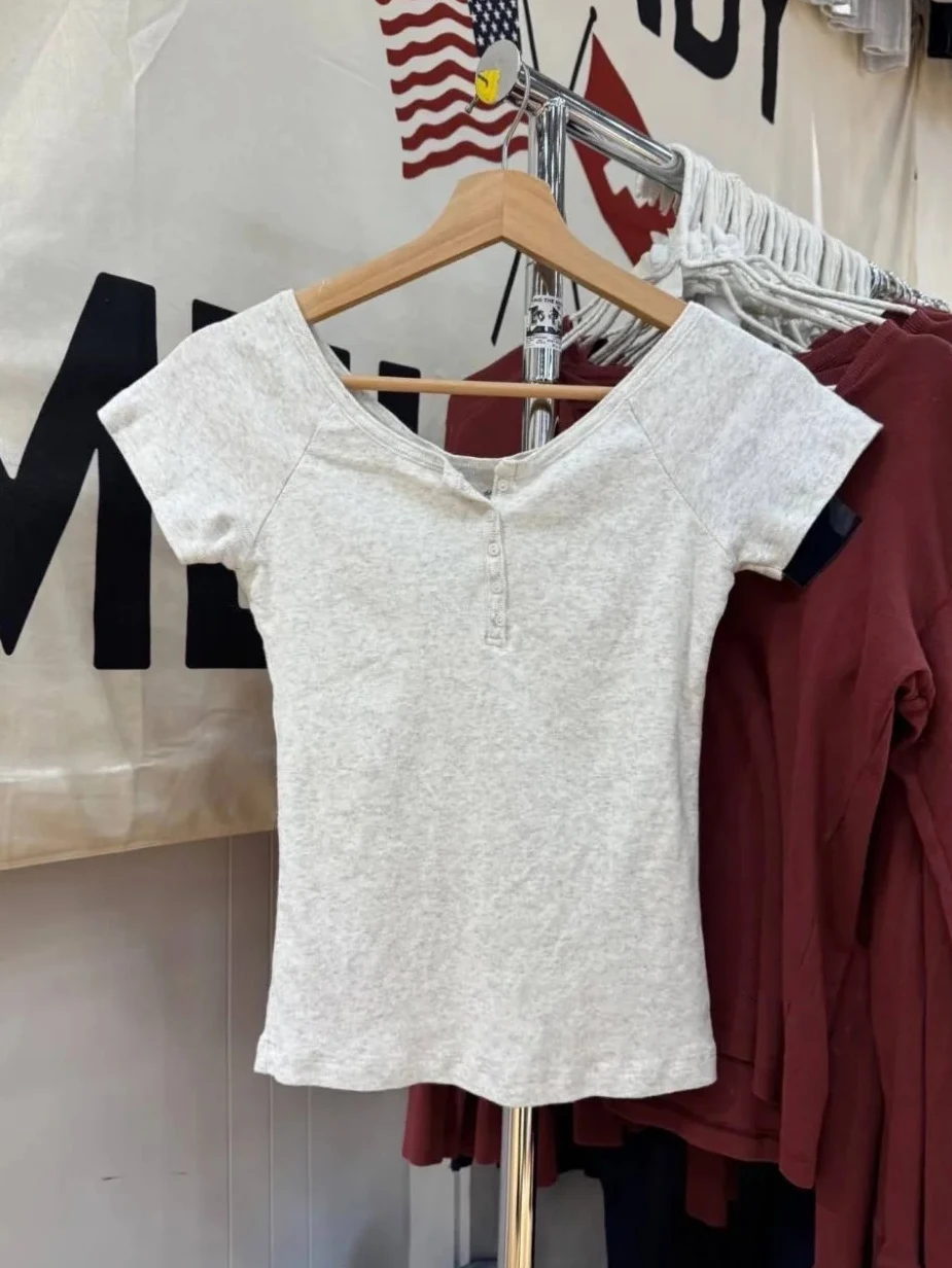 Buttons T-shirt Woman Cotton Simple Basic Scoop Neck Short Raglan Sleeve Slim Tee Shirt Cute Casual All-match Crop Top Y2k