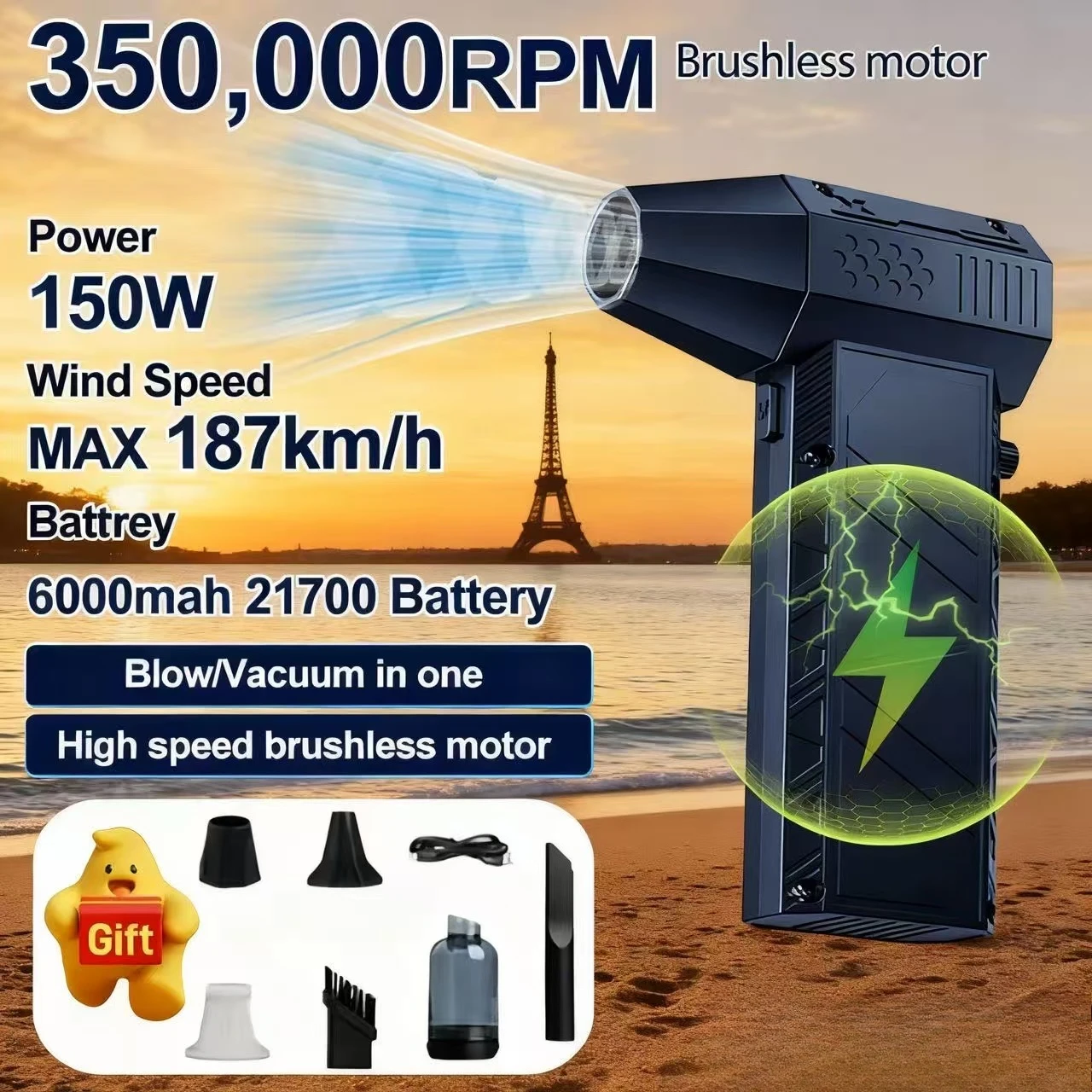 

350000 об/мин X60, мощный и жестокий вентилятор, 150 Вт, высокоскоростной портативный, 6000 мАч, перезаряжаемый, 53 м/с, Typhoon Wind Type-C, зарядный вентилятор для кемпинга