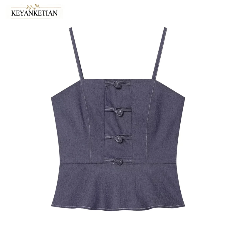 KEYANKETIAN 2026 Summer Minimal Oriental Crop Camisole Navy Imitation Denim Square Neck Front Knot Buttons Ruffle Waist Blouse