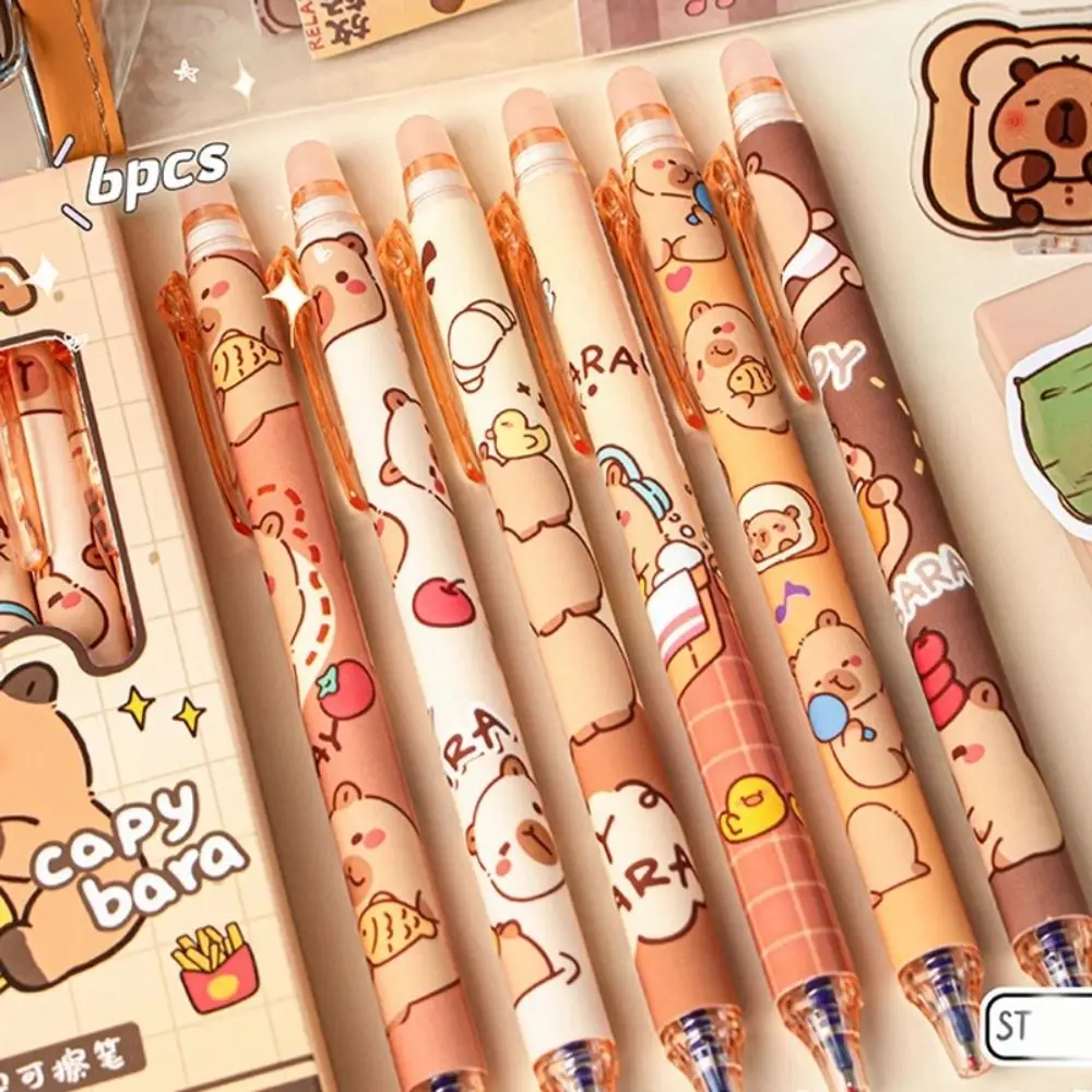 

6PCS Quick-Drying Kawaii Capybara Erasable Pen Aesthetic Cartoon Cute Writing Pen Blue Ink 0.5mm Gel Pen Office Supply