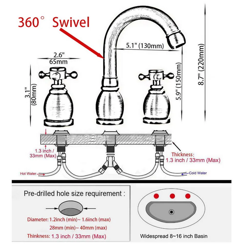 Torneira giratória para pia de banheiro, torneira de latão antigo com 3 furos, torneira misturadora anf993