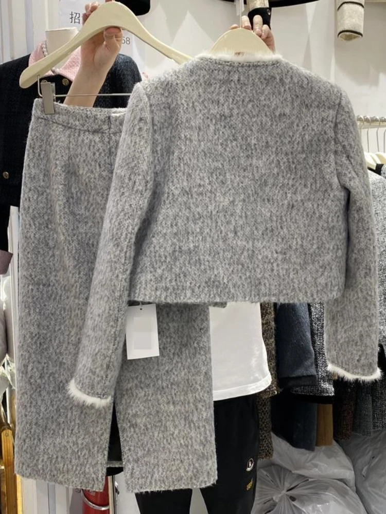 Traje de costura de pelo de visón grueso para mujer, abrigo de bolsillo de un solo pecho con cuello redondo y falda de cintura alta, conjunto de dos piezas, moda de invierno, 2023