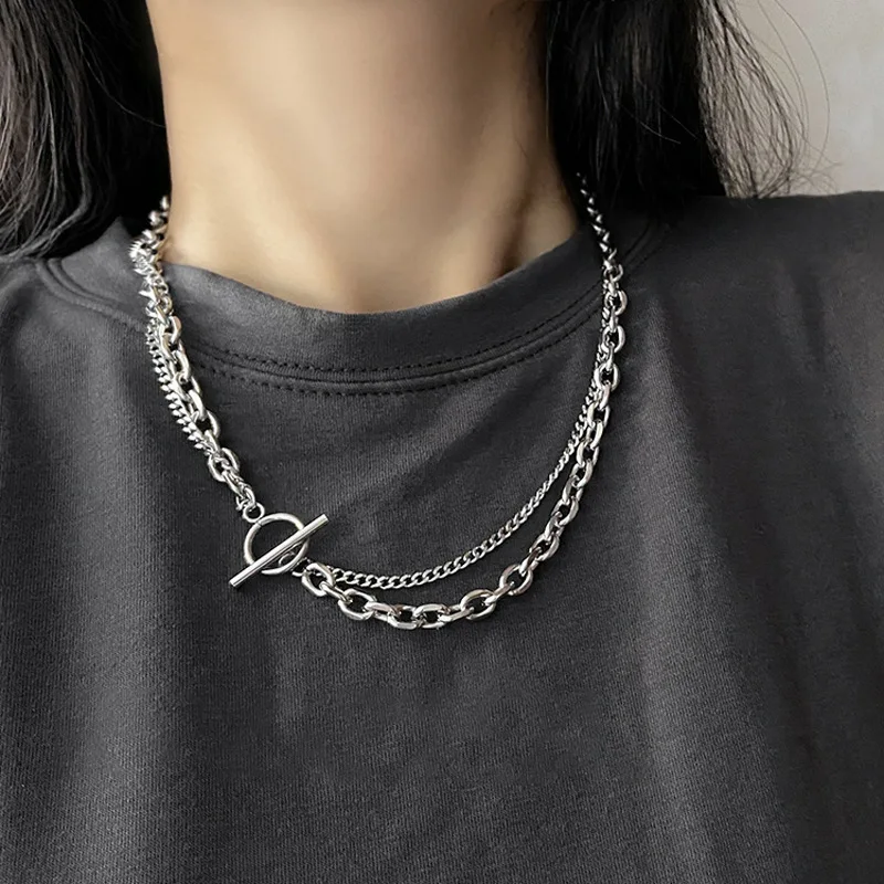 Collar europeo y americano personalizado de doble capa con hebilla OT para hombres y mujeres, cadena simple de estilo hip-hop punk, gruesa y fina.