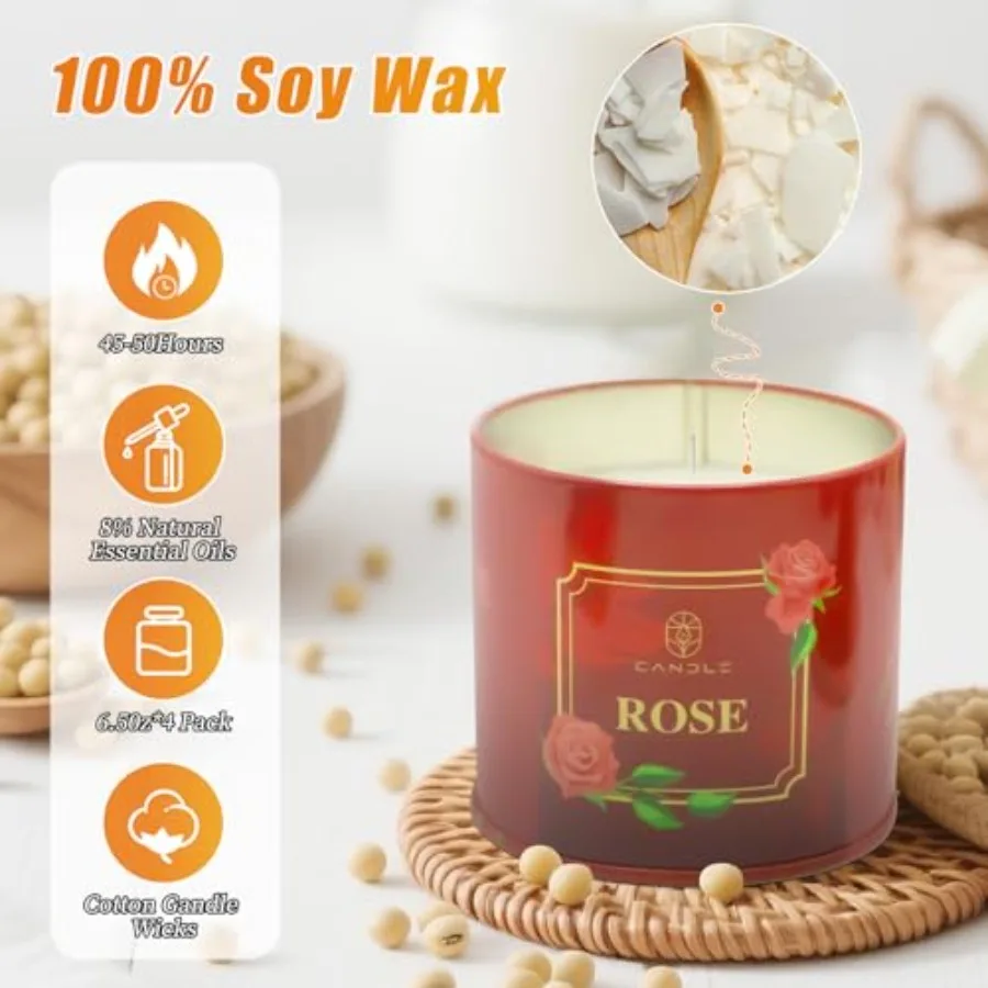Scented Candles Gift for Women 4 Pack Natural Soy Wax Candles Long Lasting Rose Lavender Sandalwood Apple Cinnamon Fragrance Id