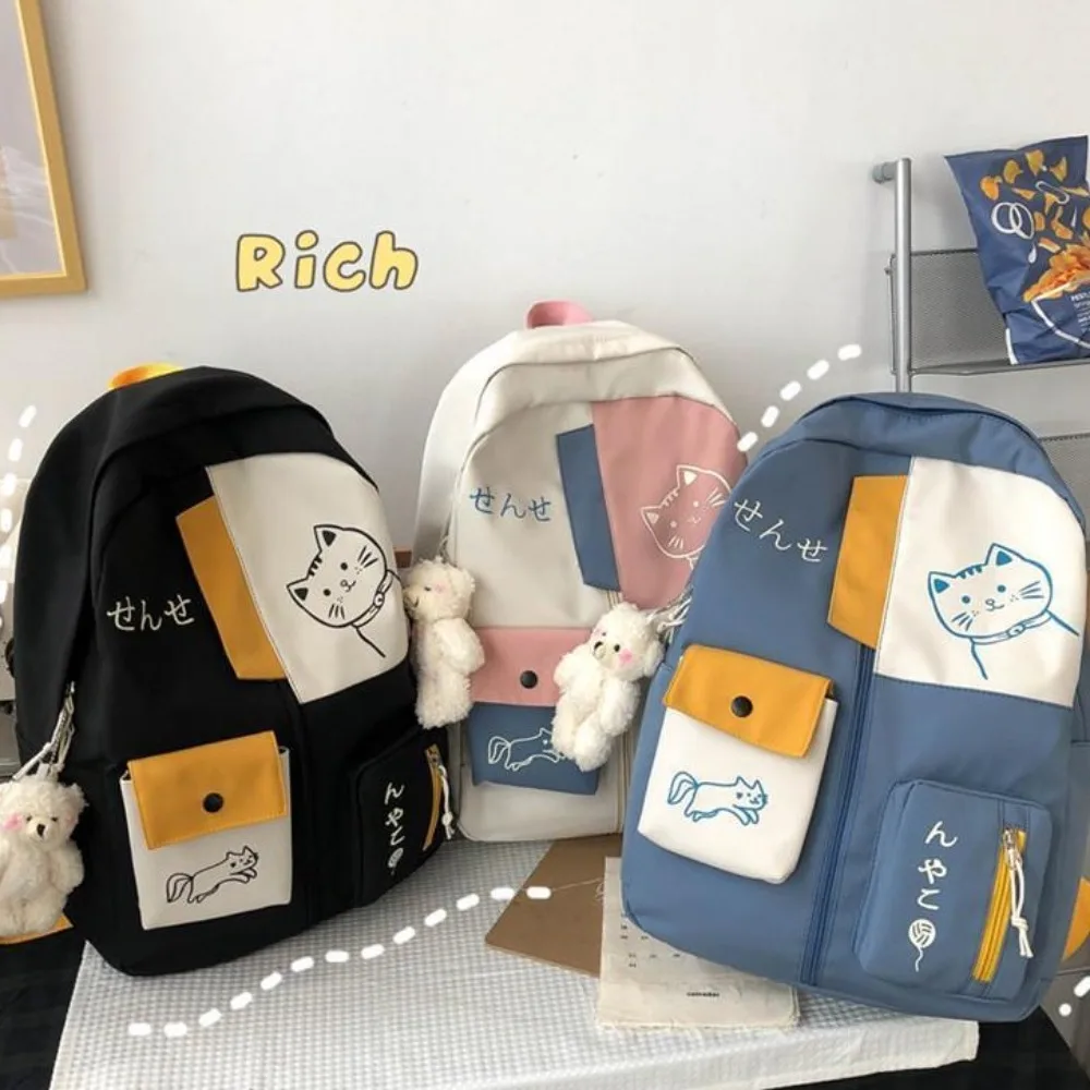 Sac à dos imprimé chat en nylon, grande capacité, polyester, dessin animé, animal, école, bouton, style japonais, étudiant, sac à dos, 03/3