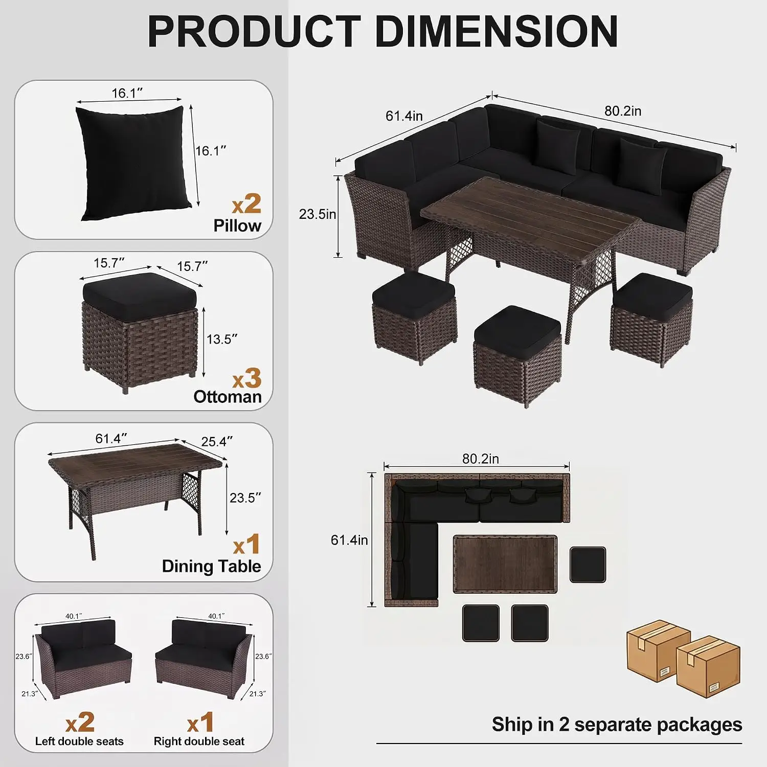 7 Pieces Patio Sectional Sofa Dining Table Ottoman Set, Customized
