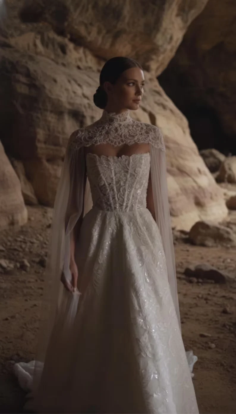 Gorgeous Lace High Neck Sparkling Wedding Dress Detachable Cloak Style Bride Dress Tight corset A-line Wedding Dress Customized image 2